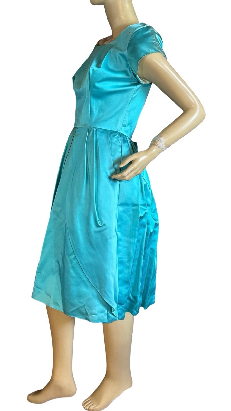 VINTAGE CIRCA 1950’S AQUA BLUE SATIN BUBBLE HEM PARTY DRESS SZ APPX SMALL