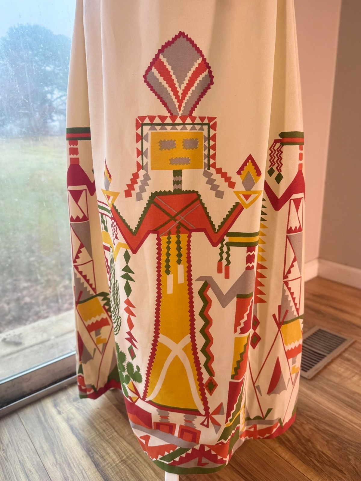 Vtg 1960s 70s Maxi DRESS Kachina Doll CACTUS Print Native FOLK ART Skirt XS/S