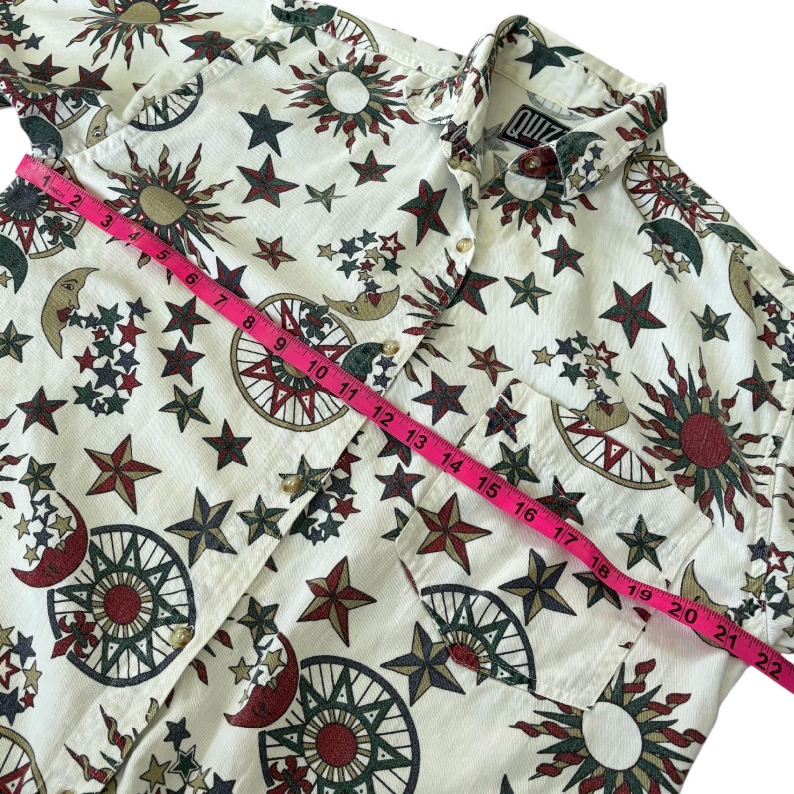 Quizz NY Vintage Celestial Sun Moon Star Print Cotton Denim Button Down Shirt S