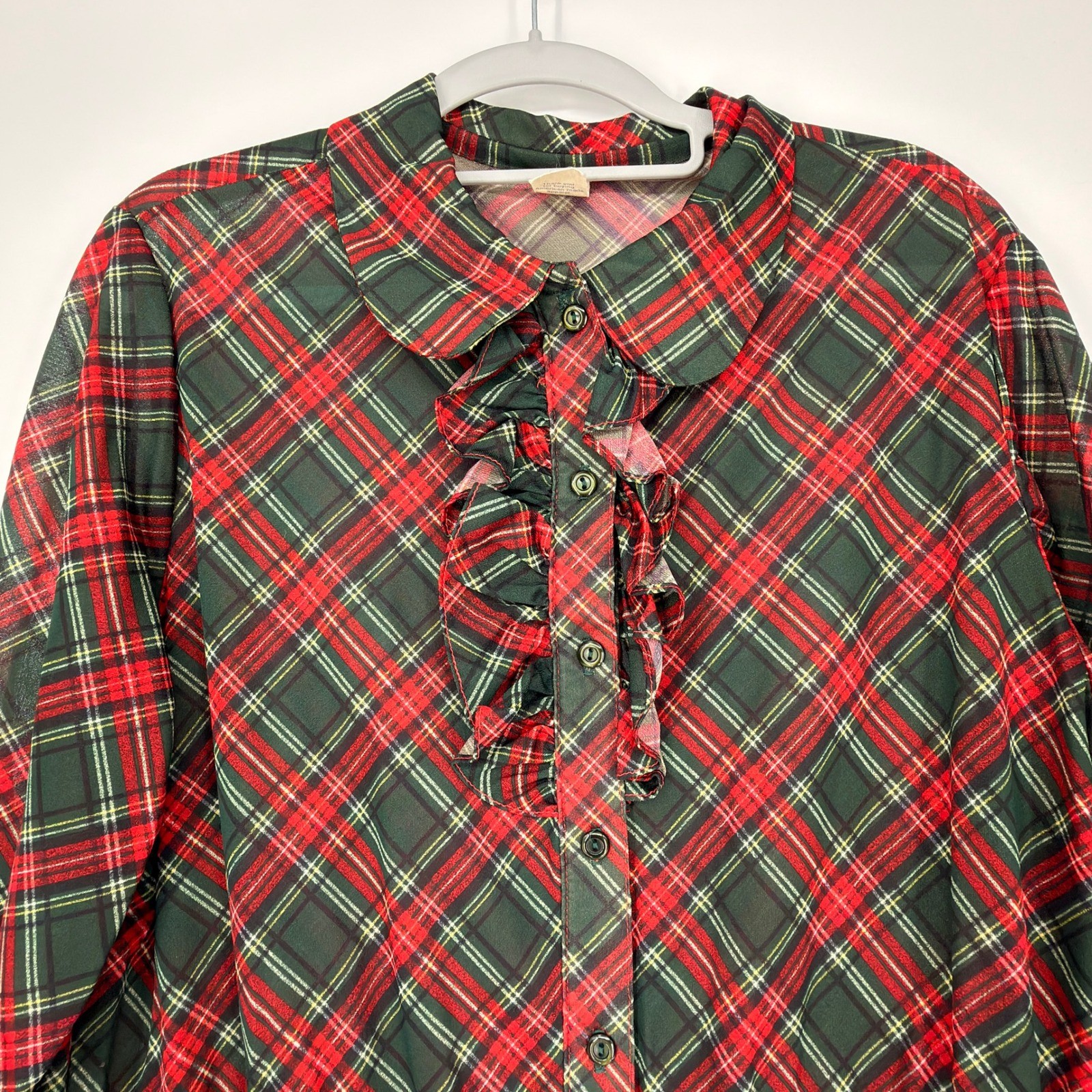 ILGWU Vintage Plaid Midi Dress Women Large Red Green Ruffle Peter Pan 70s 80s