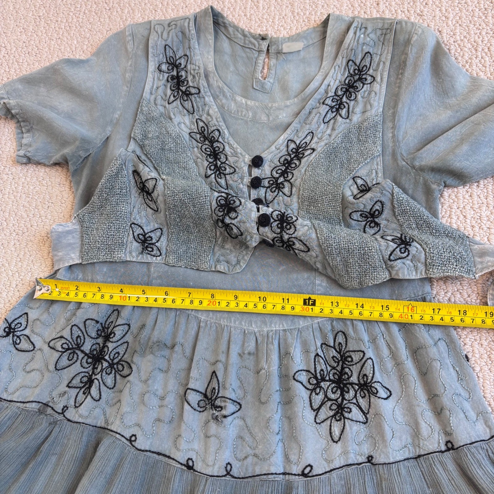 Vintage Cottage Blue Grey Embroidered Tiered Midi Dress, Medium Boho Ren Faire