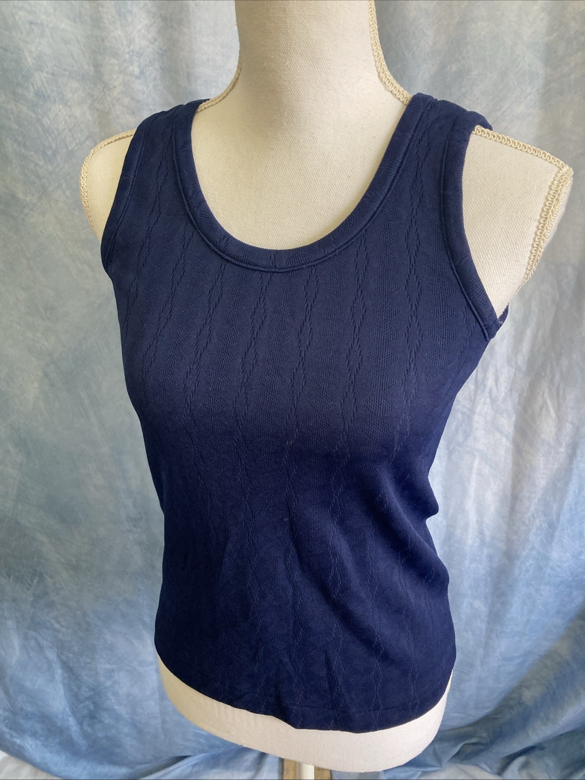 Vtg 70s Navy Knit Eyelet Lace Tank Top Made in Japan Petite XS Pointelle Shell