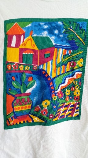 Vintage 80s Chaus Sport Art Tshirt Flowers House Red Yellow Green Blue