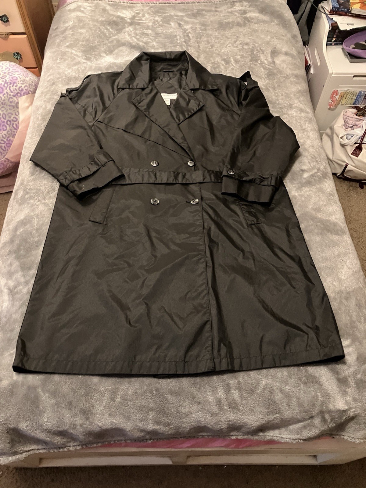 Vintage Maggie Lawrence Nylon Trench Coat Size 14 Belted 80s Shoulder Pads Retro