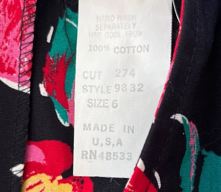 Vtg 80s Choon California USA Dress Women 6 Black Floral Print Peplum Cotton