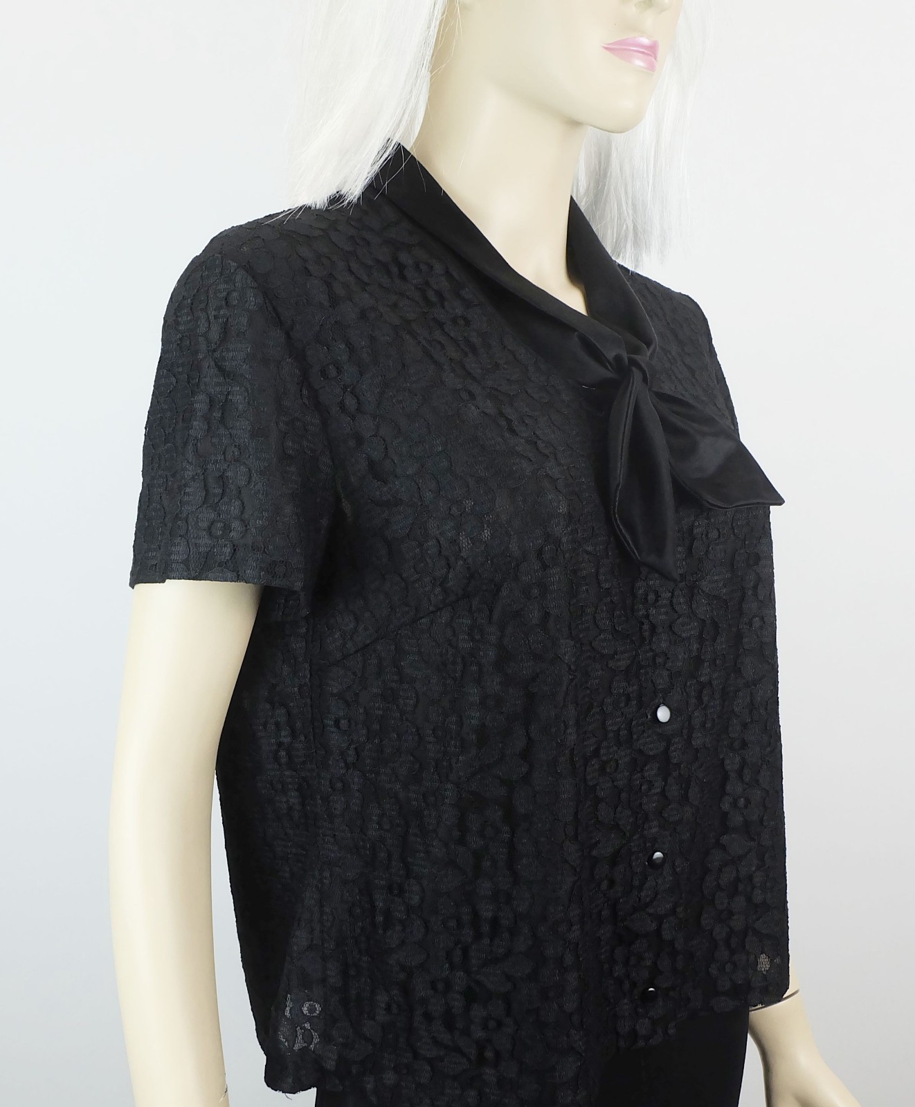 50s 60s vintage blouse women’s blouse black lace blouse with satin collar size 40