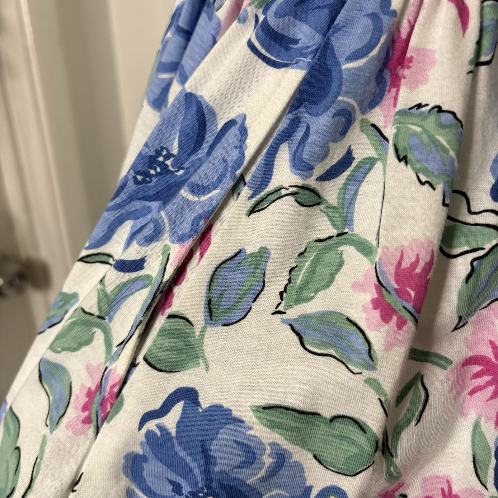 Vintage 90s White Blue Pink Floral Cotton Knit Jersey A Line T Shirt Dress