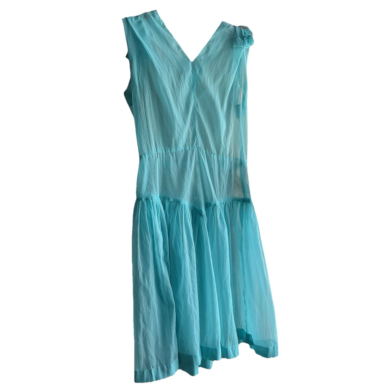 Vintage Handmade Aqua Blue Chiffon Midi Dress Tie Shoulder Belted Boho Women’s M