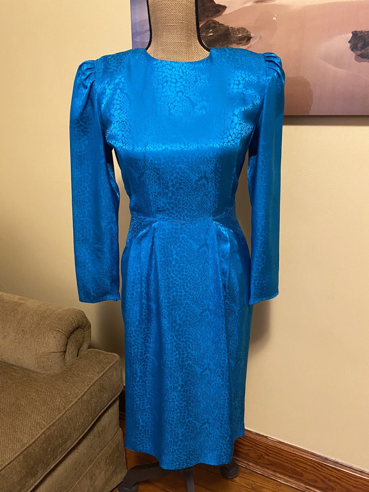VTG 80s Argenti 100% Silk Sheath Dress Blue/Green Ruched Puff Long Sleeve 6