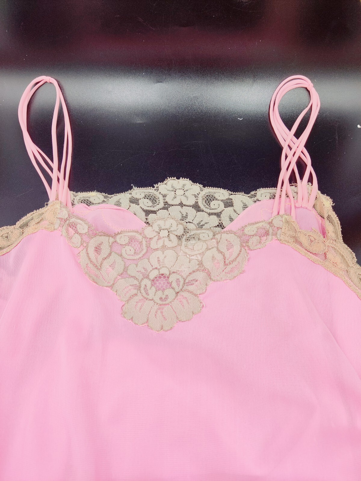Vintage Avian Hot Pink Nylon Nightgown Lace Trim Modified **Flawed Medium