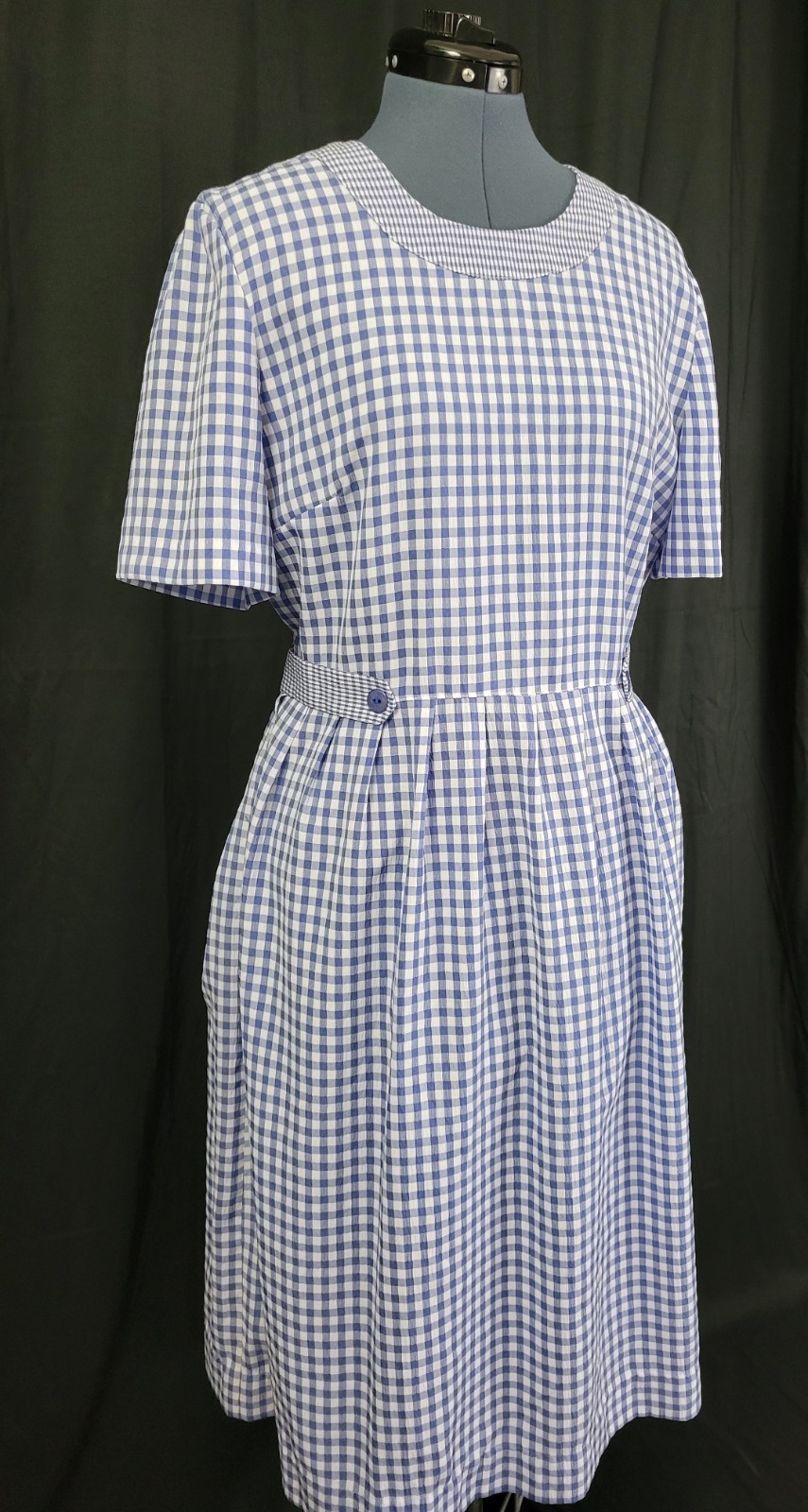 Vintage Kathie Lee Blue & White Gingham Checked Dress w Tie Waist Size 12