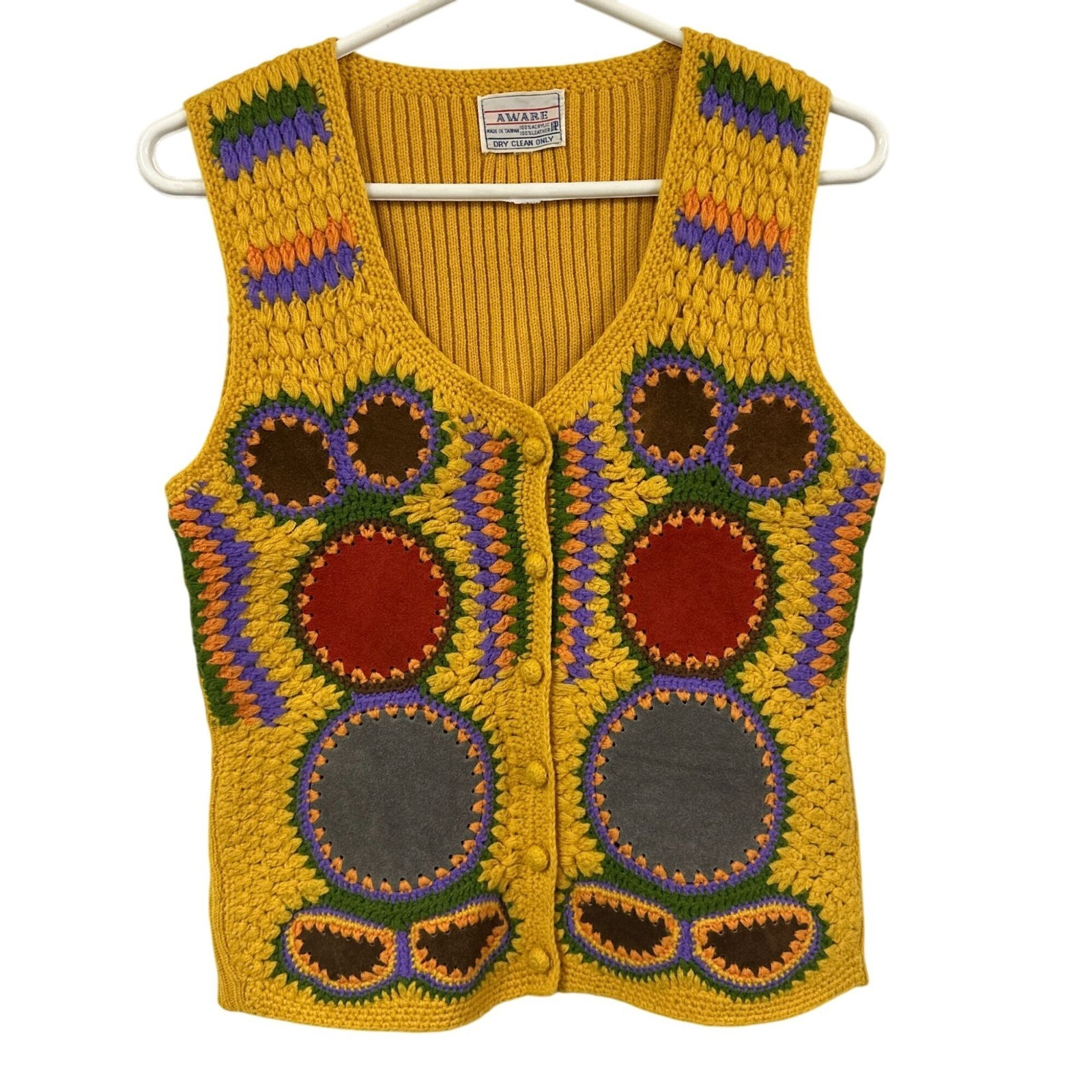 Vintage 70s Yellow Patchwork Knit Leather Sweater Vest Top Hippie Boho Size M L