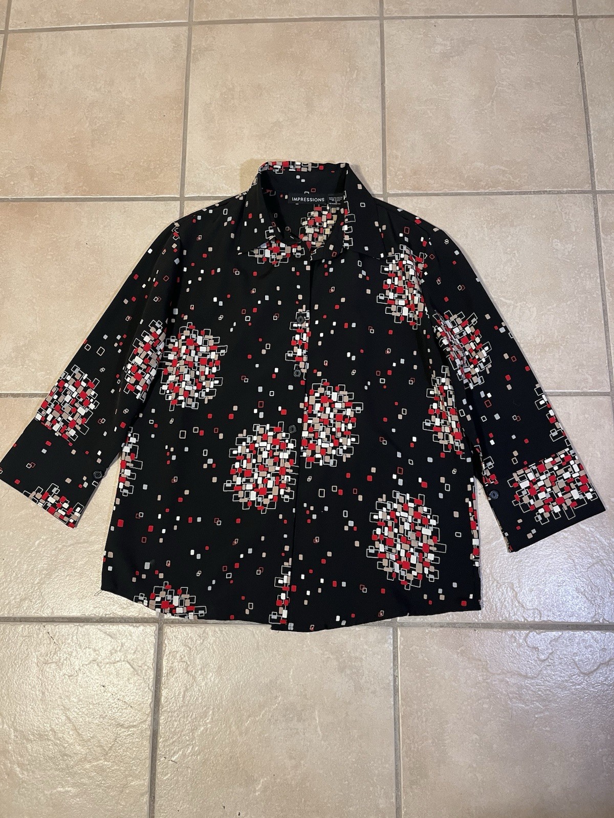 0023 Impressions VTG Women’s Black Top With Geometric Confetti Print Pattern S