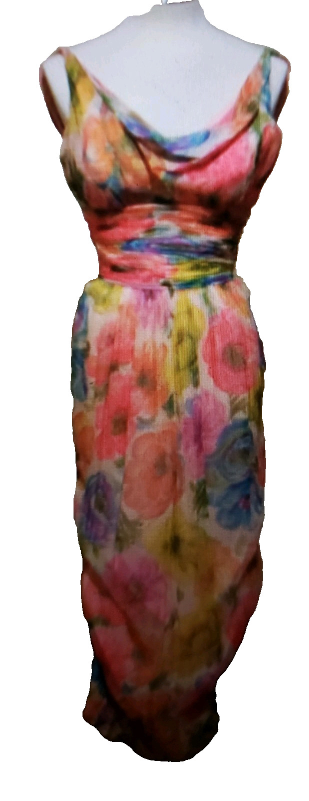 VTG 60s Miss Bergdorf Silk Maxi Dress Sz XS? Watercolor Edward Abbott FLAWS
