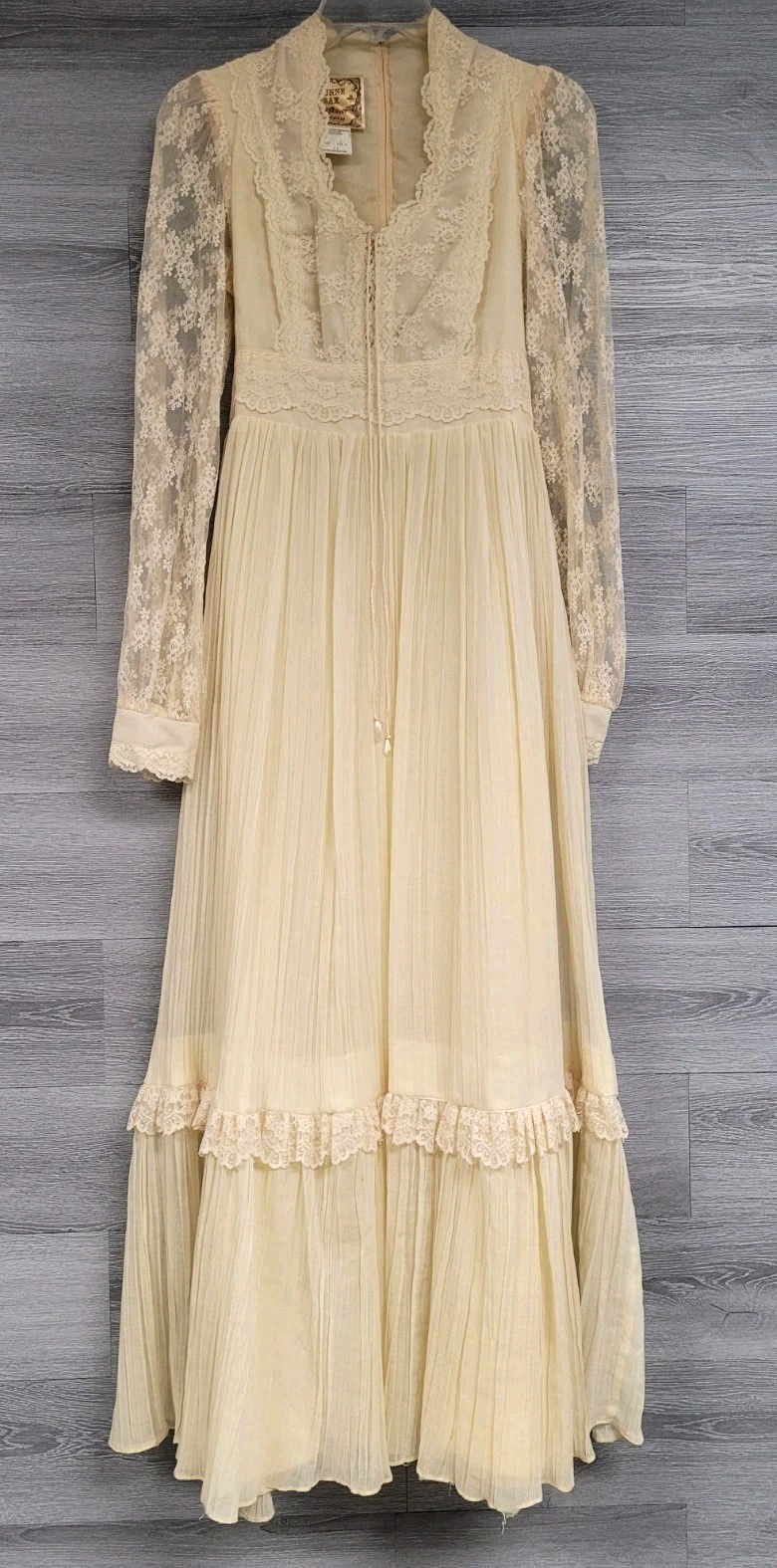 VINTAGE GUNNE SAX DRESS 70s IVORY LACE UP CORSET BOHO BRIDAL MAXI SIZE 11 S/M