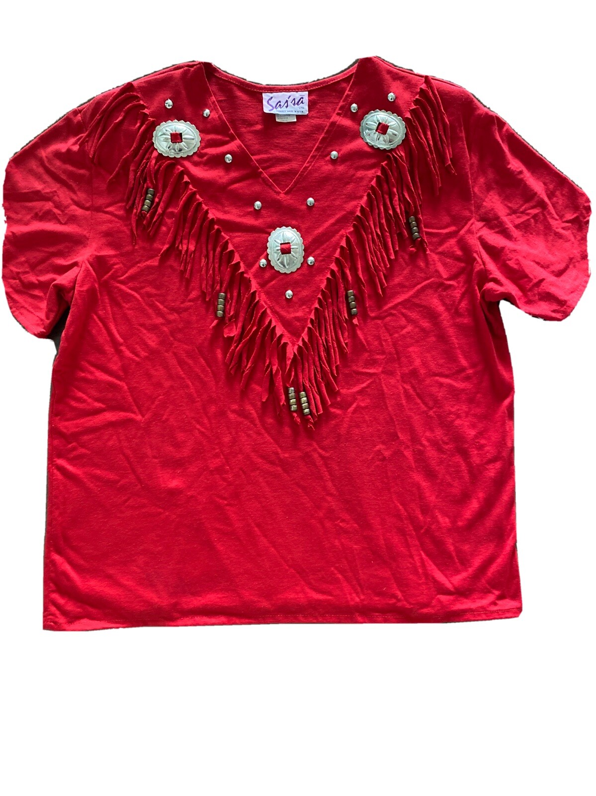 Red Vintage Western Rodeo Shirt w/Concho Fringe Sz Lrg sassa
