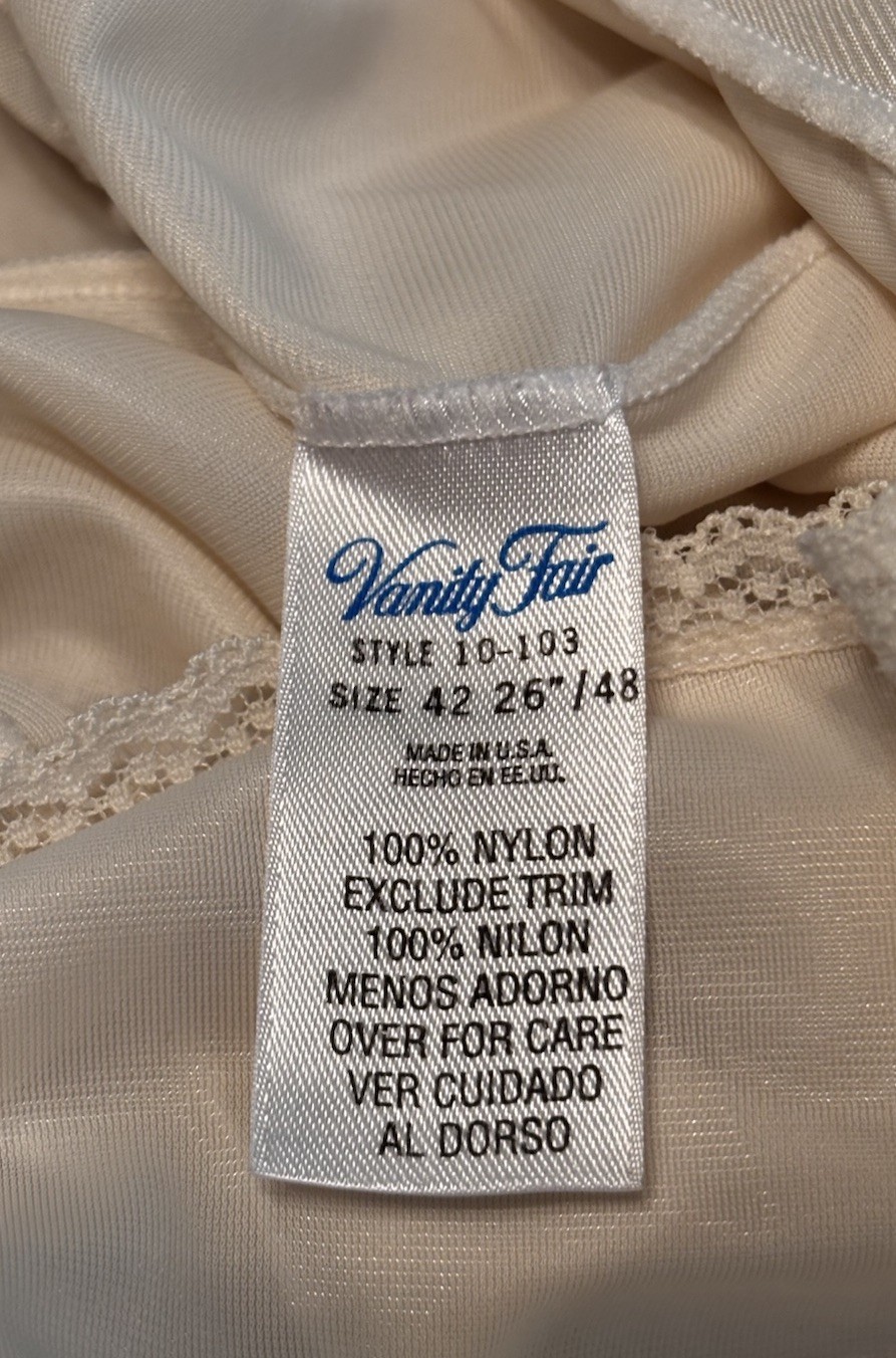 Vanity Fair Vintage Lace Trim Nylon Full Slip Size 42 26 Inch Ivory USA Made