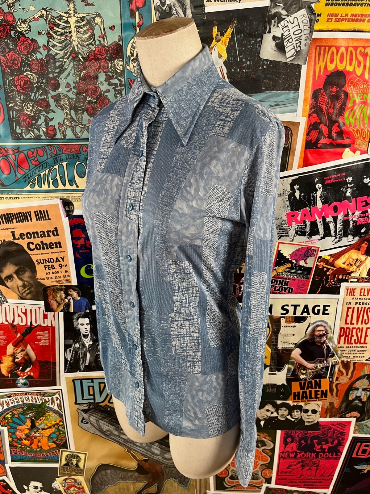Vintage 70s Blue Mod Lady Arrow Blouse Disco Mod Womens Small Retro As Is