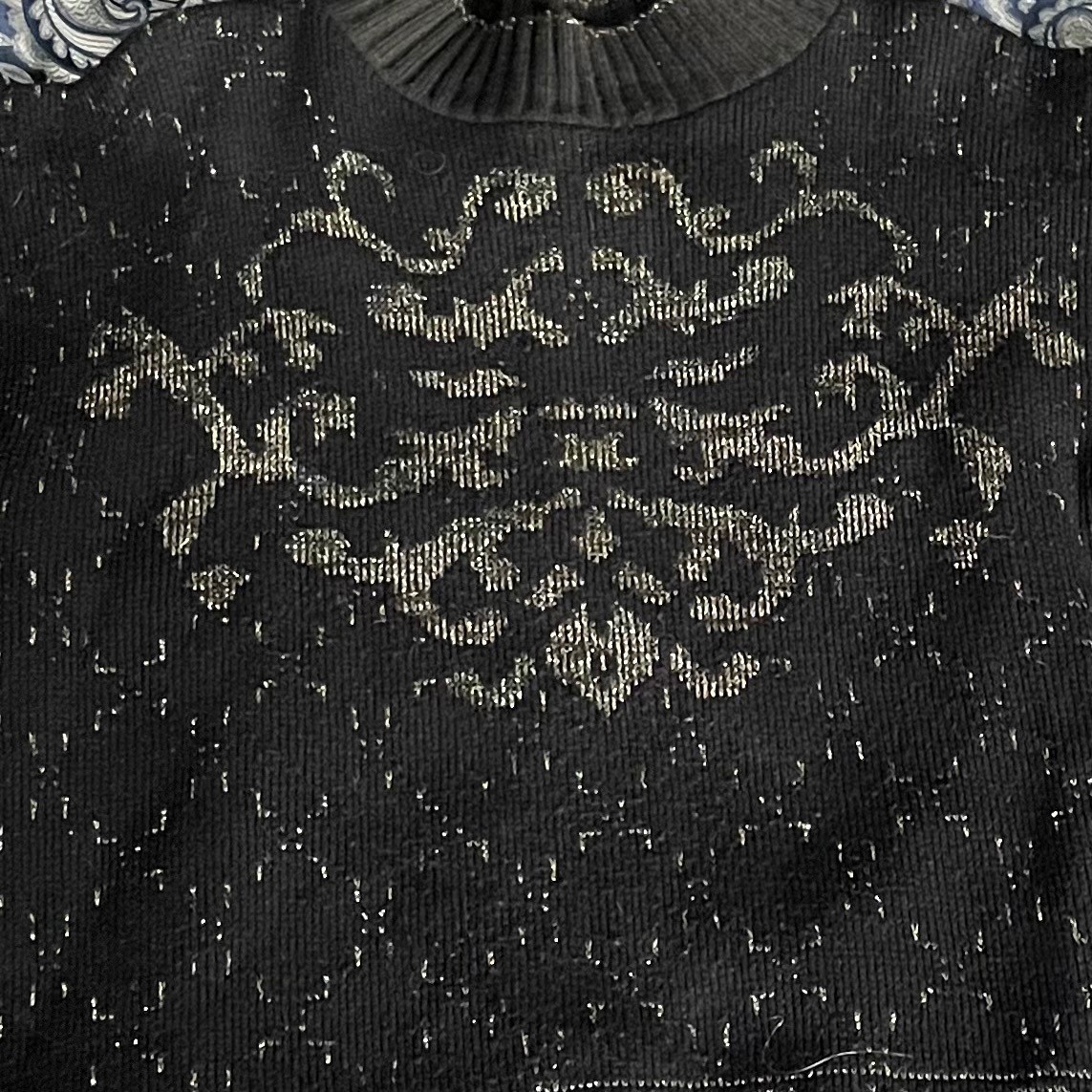 Vintage Black Gold Metallic Lurex Scroll Pattern Mock Neck Sweater Made in USA