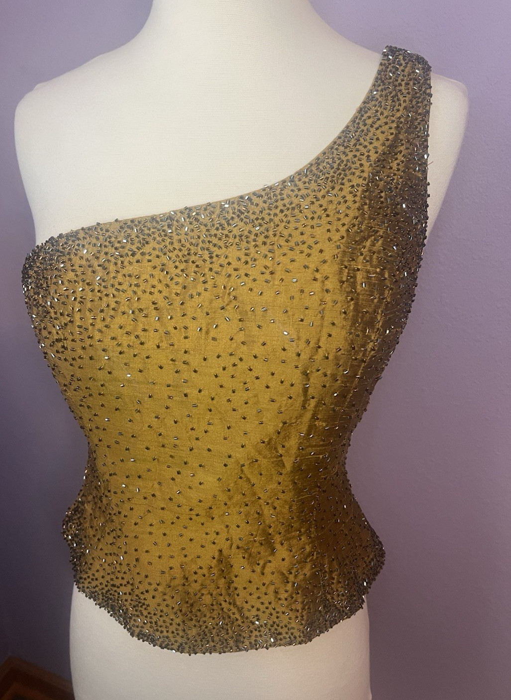Vintage 80’s Mike Benet Formal One Shoulder Gold Beaded Evening Bodice Top 8