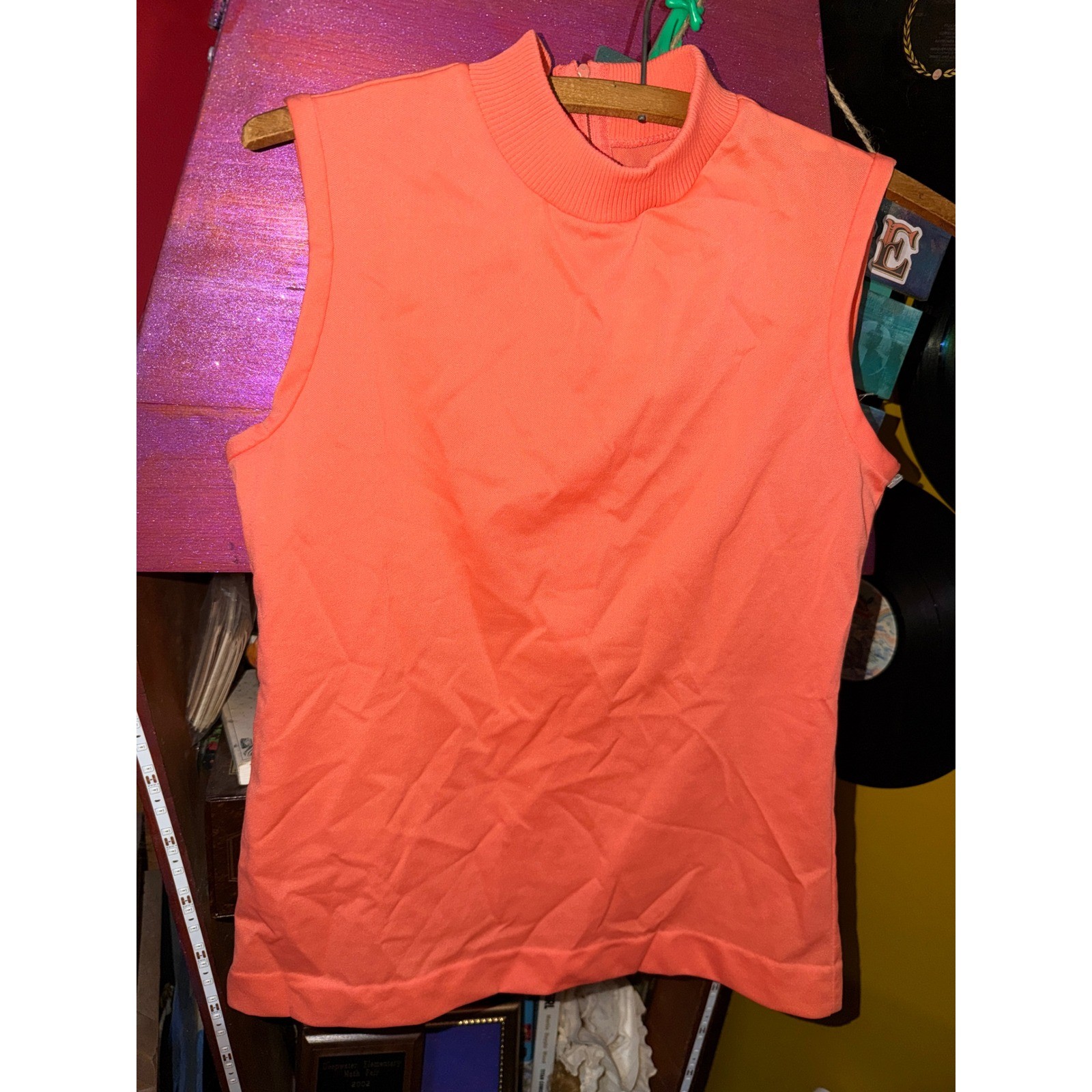 Vintage Bodin Knits Coral Orange Mock Neck Sleeveless Top Retro Zip Back Tank