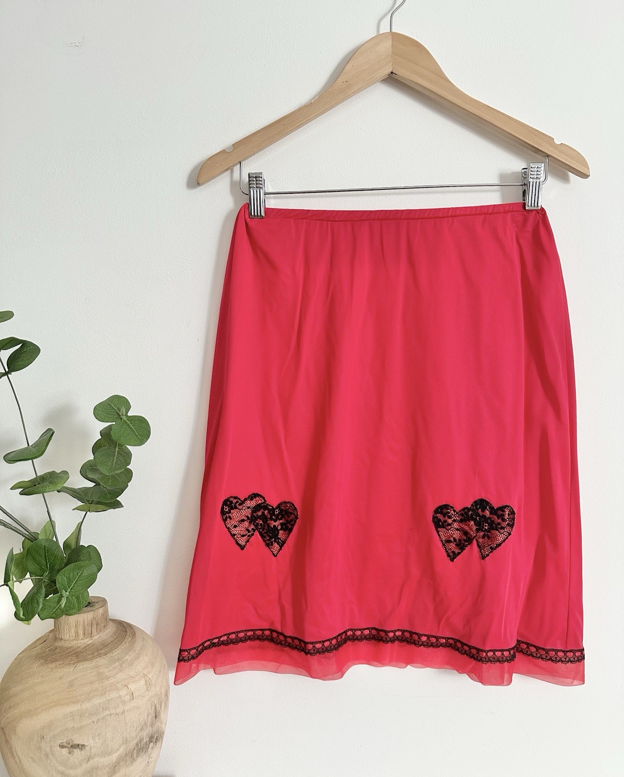 Vintage Van Raalte Size Medium Red Nylon Black Lace Hearts Trim Slip