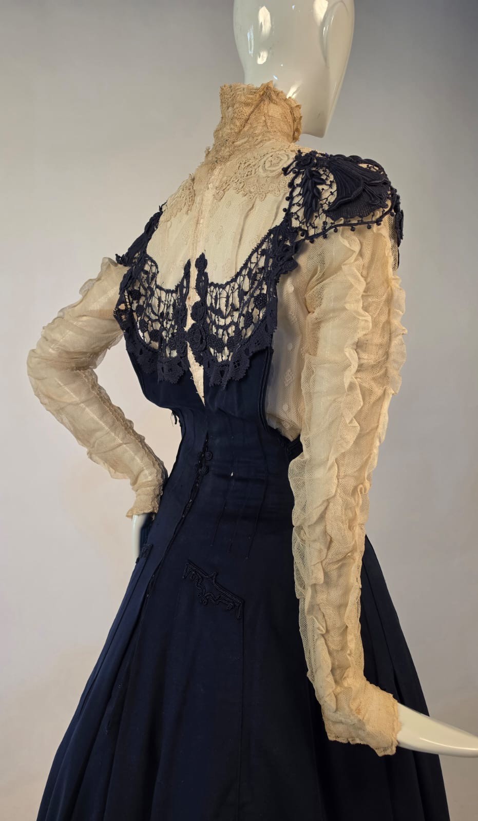 EDWARDIAN BLUE CASHMERE + LACE DRESS W RUCHED IVORY NET SLEEVES