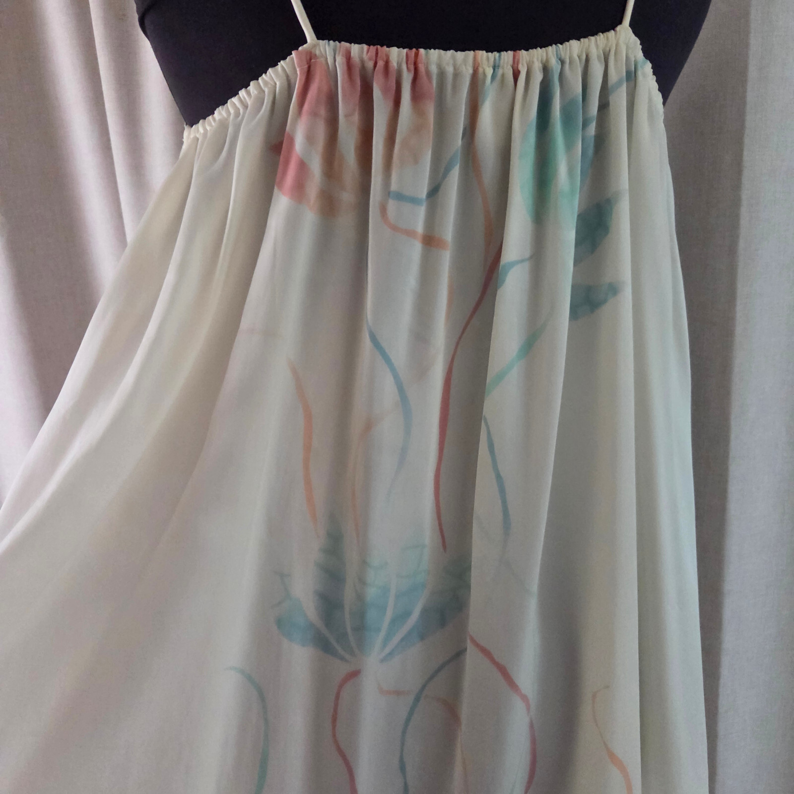 Vintage Mary McFadden S Dress Pastel Floral Lotus Pink Blue on Cream Bow Strap