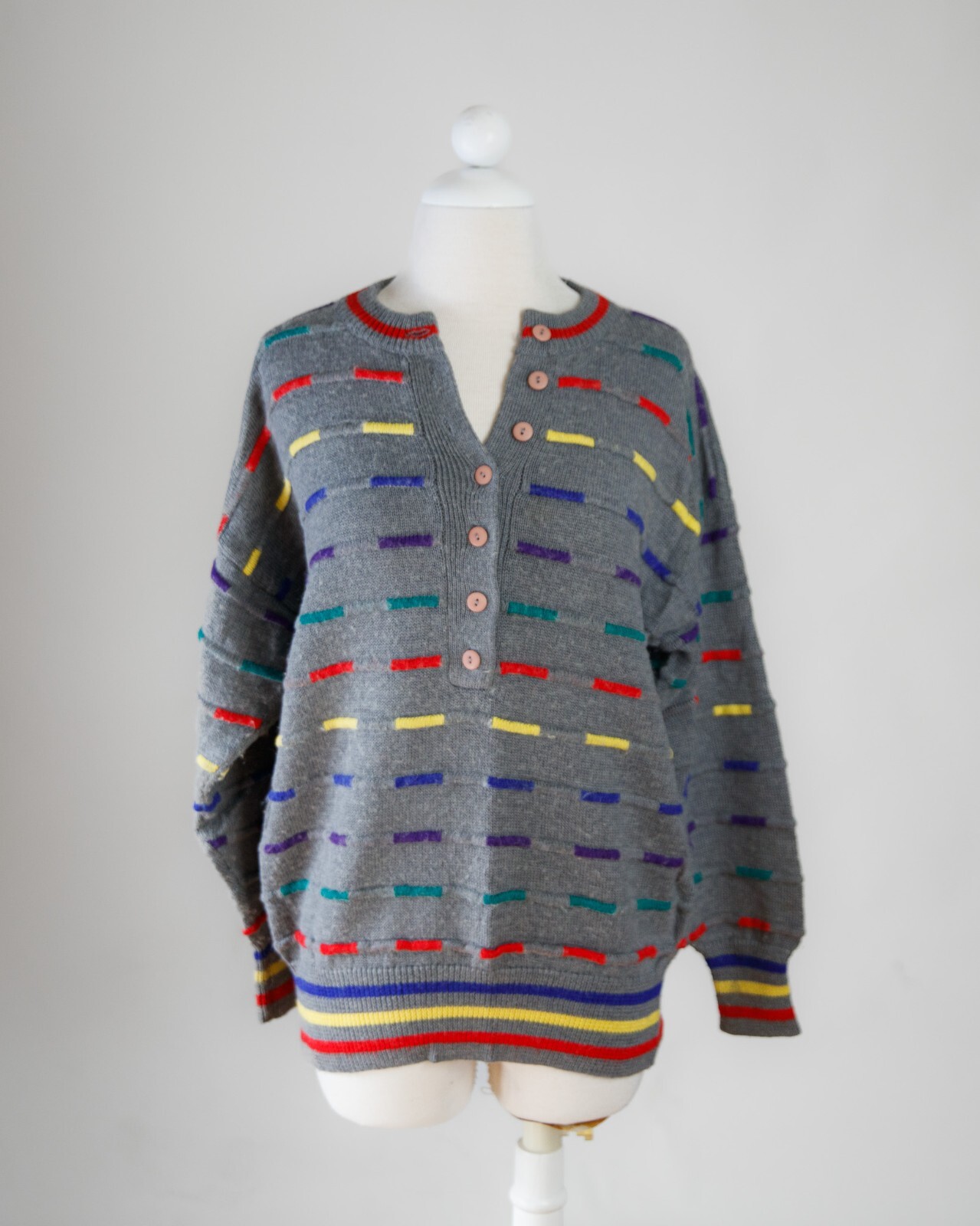 Vintage Unisex Acrylic/Wool Sweater Gray with Stripes „Sweater Bee” Large