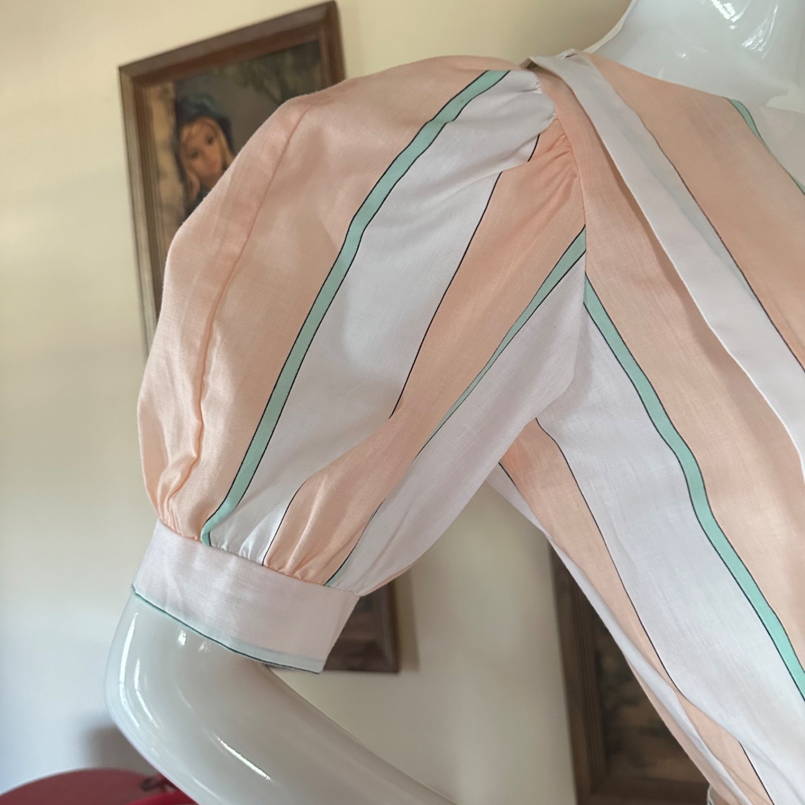 Vintage 1980s Preppy Ice Cream Pastel Striped Apron Day Dress Puff Sleeves M