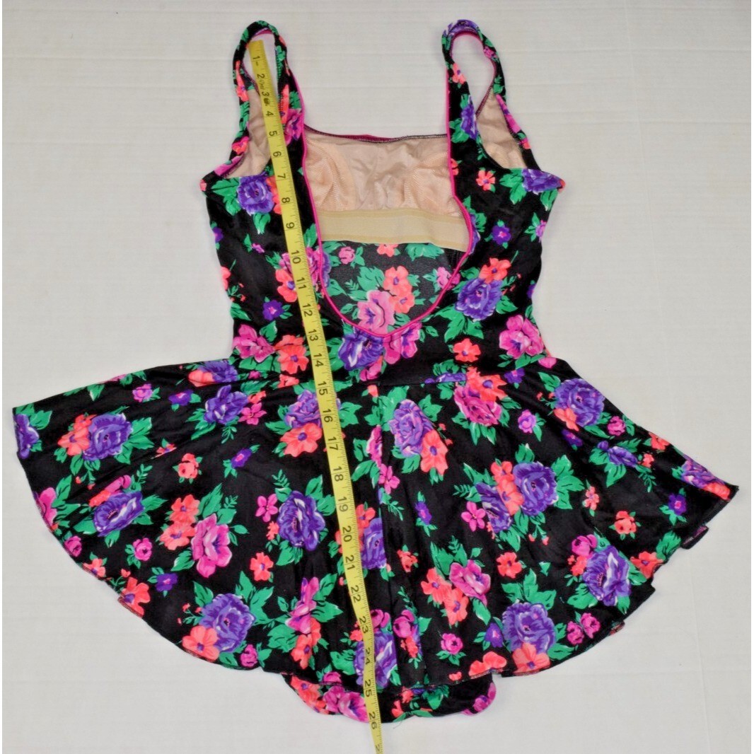 Vintage Swimsuit Size S/M 80s Glossy Black Pink Purple Flowers Full Skirt Bra