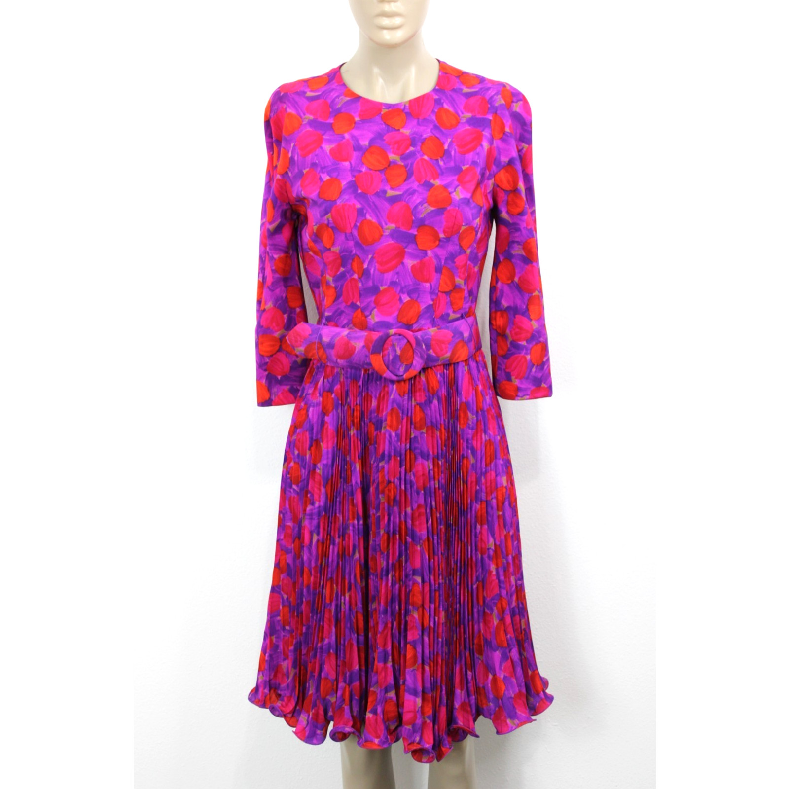 Vintage 80s Arnold Scaasi Floral Pleated Belted Silk Lined Dress Size 6