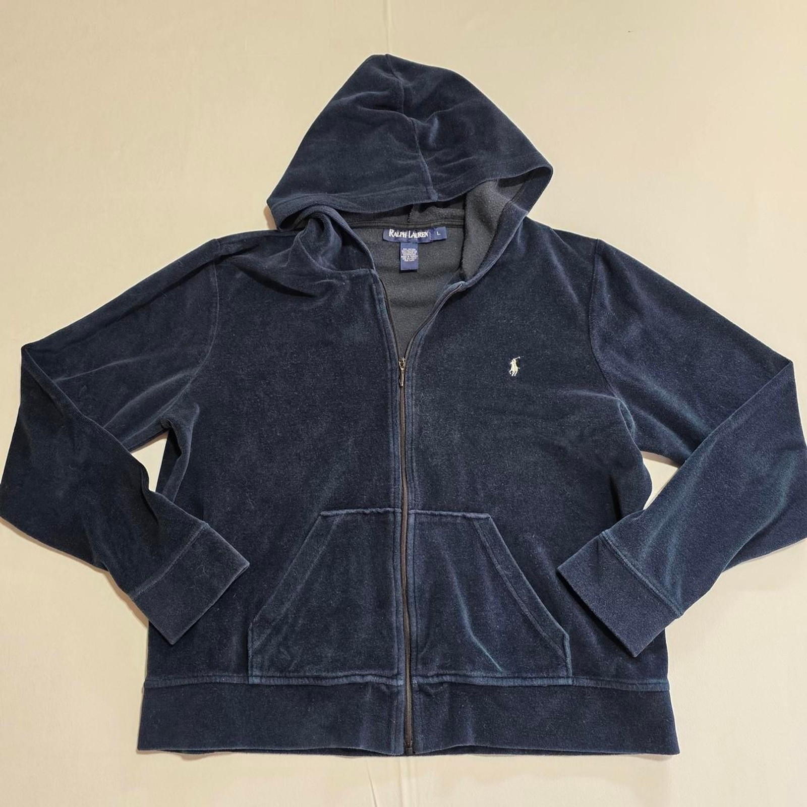 Ralph Lauren deep turquoise/navy color Velvet Zip Up Hoodie pony logo size Large