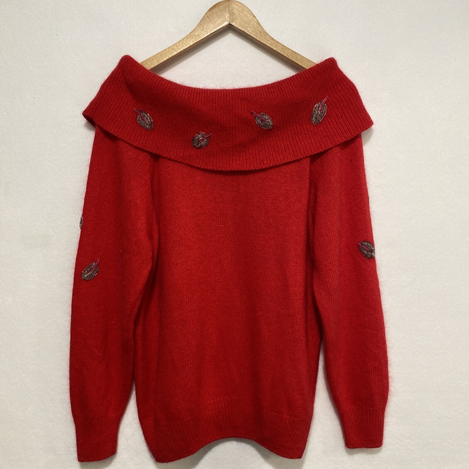 VTG Red Silk Angora Blend Hand Beaded Leaf Portrait Collar Sweater Large