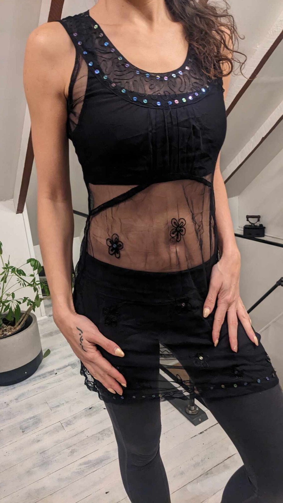 Black lace Mini Dress see through „Tree of Life” Floral Design Sexy Embroidery
