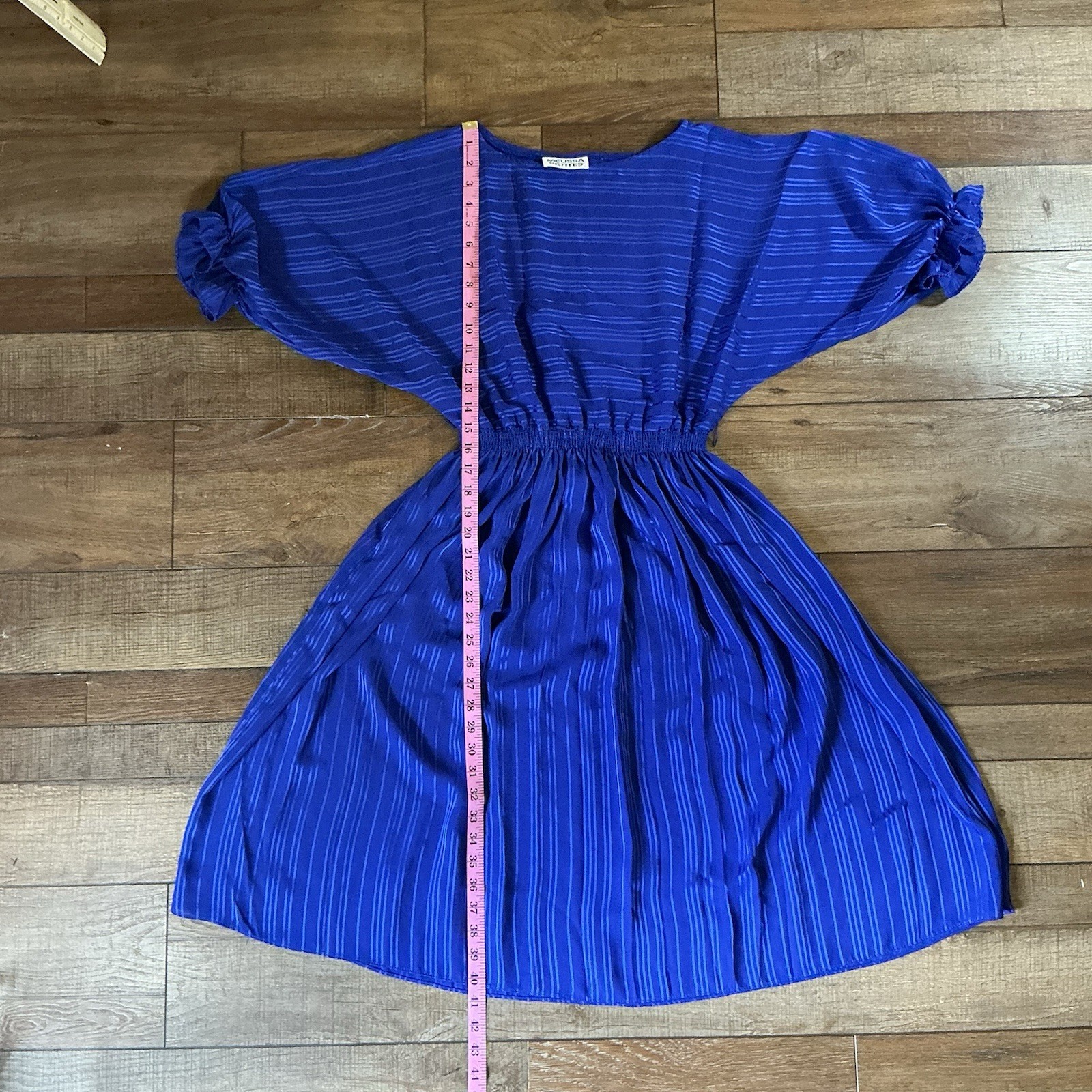 VINTAGE Size S/M – Melissa Petites Royal Blue Striped Midi Dress Batwing #23708