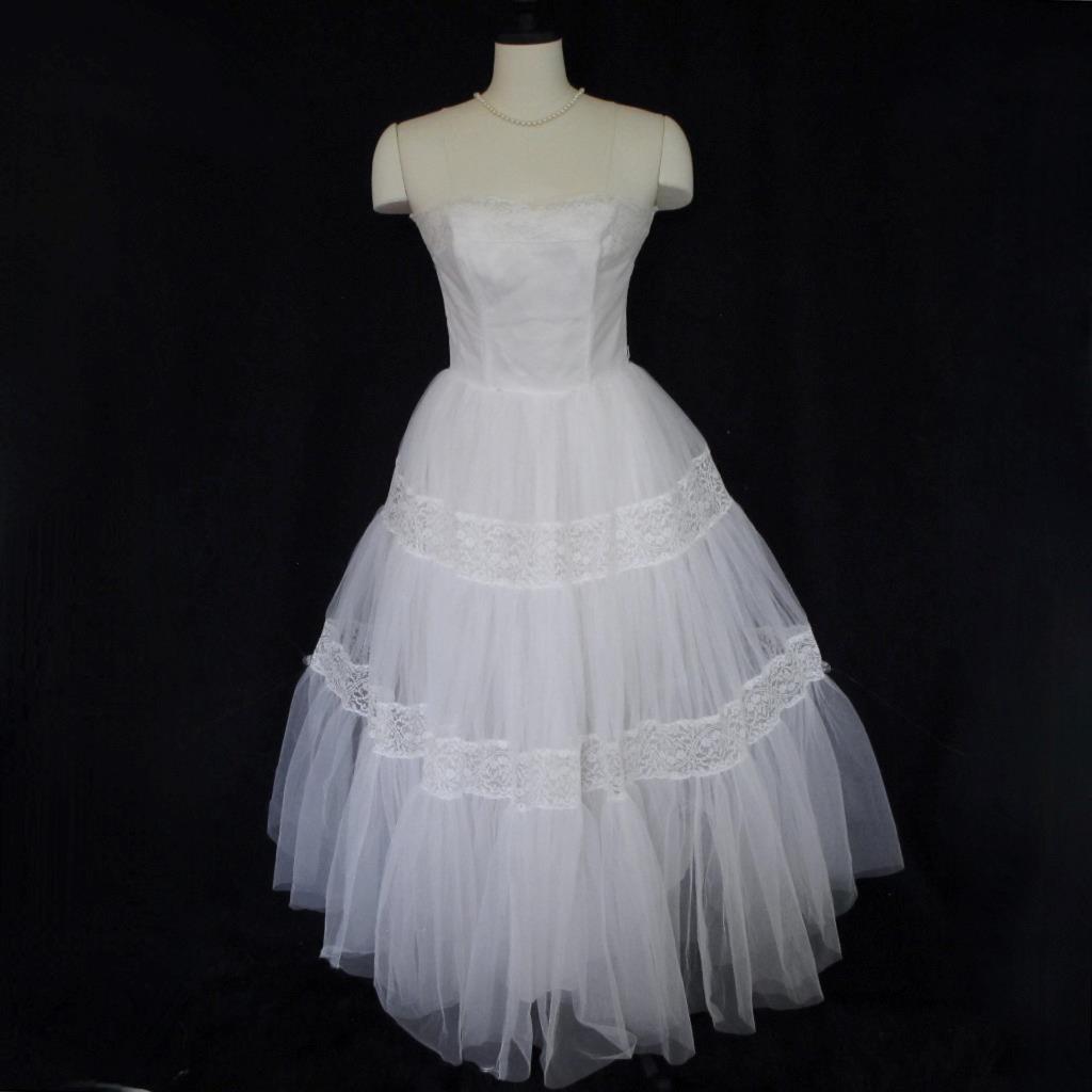 Vintage 50s Emma Domb White Tulle & Lace 2pc Wedding or Prom Dress Tiered Ruffle