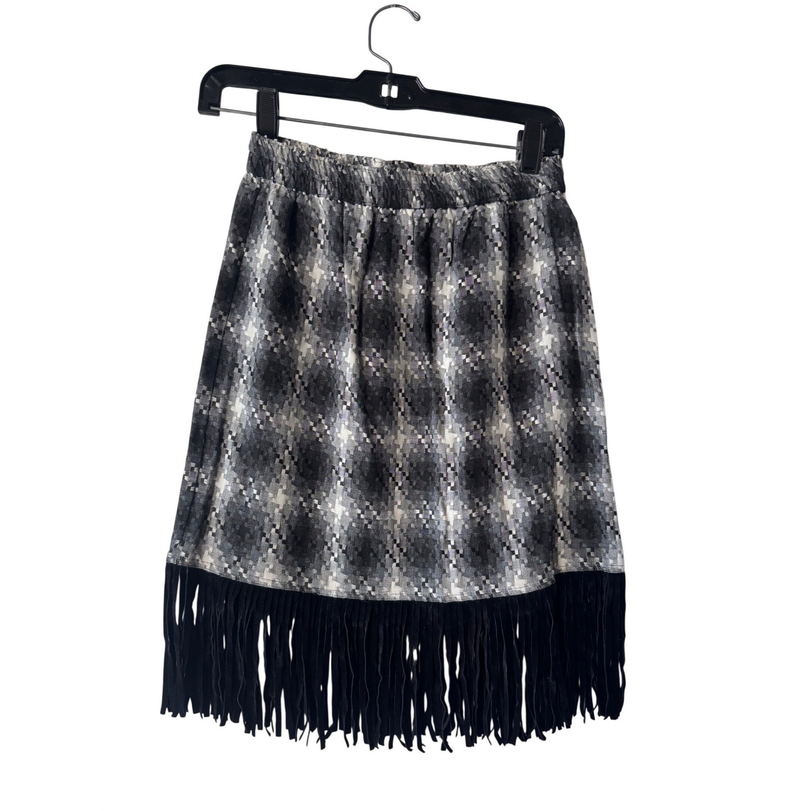 Criscione New York Vtg Plaid Fringe Skirt Black White Woven Petite Knee Length