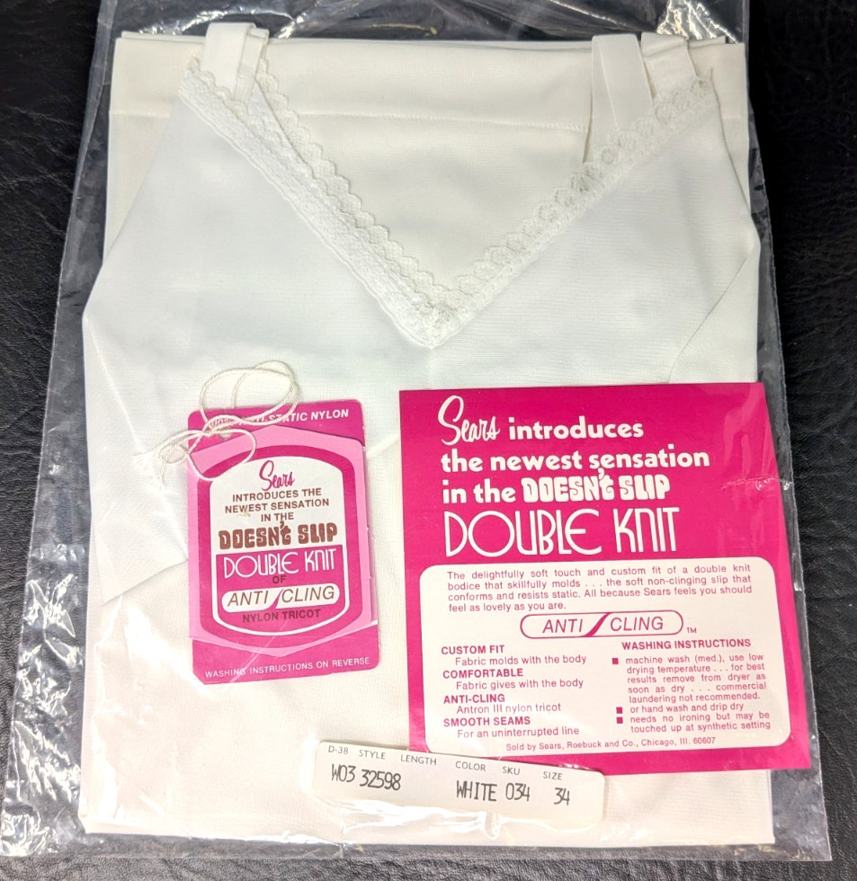 Vintage Sears Sz 34 32598 White Nylon Tricot Double Knit Anti Cling Doesn’t Slip