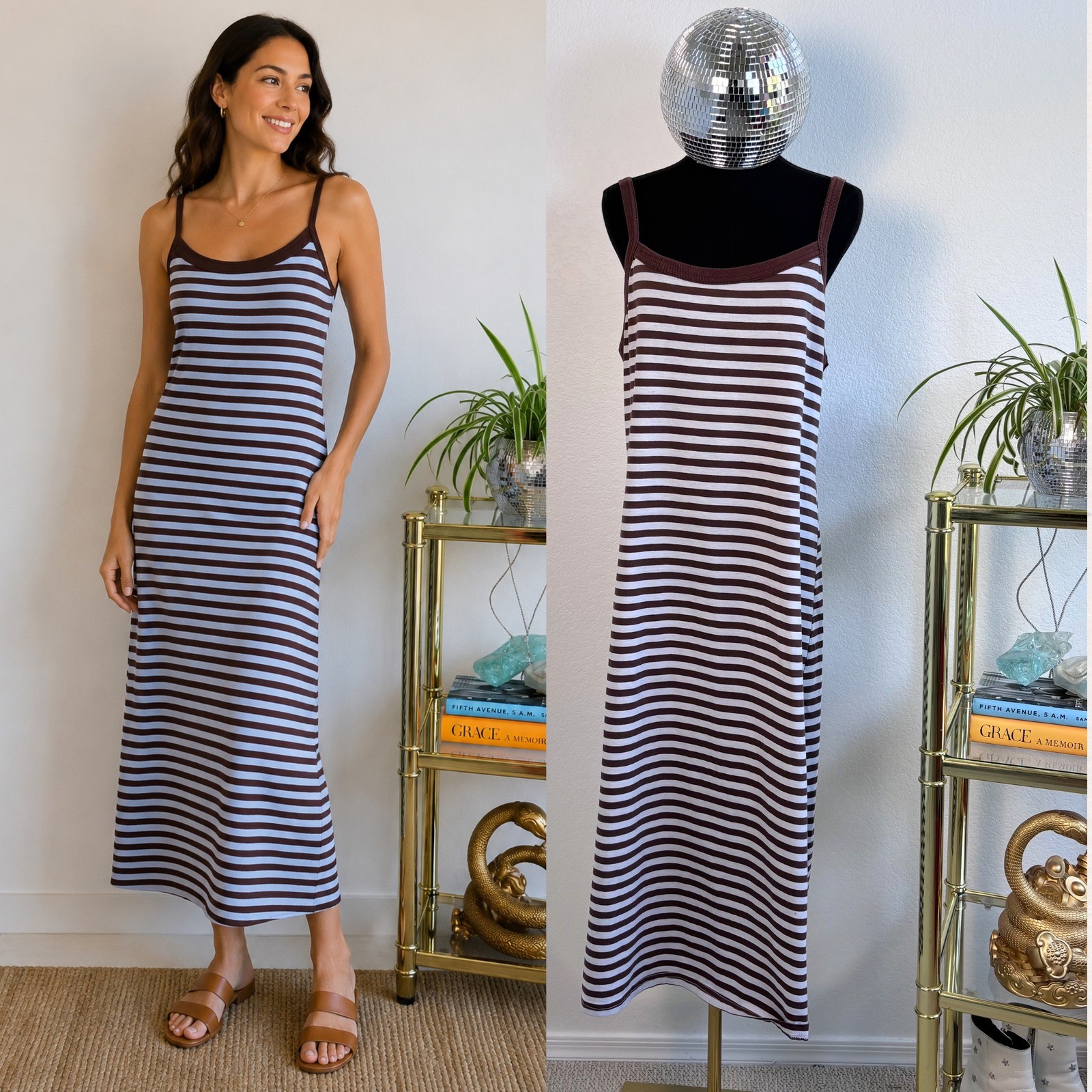 Vintage 90s Striped Cami Maxi Dress, Brown Blue Size XL | Made in USA, preppy
