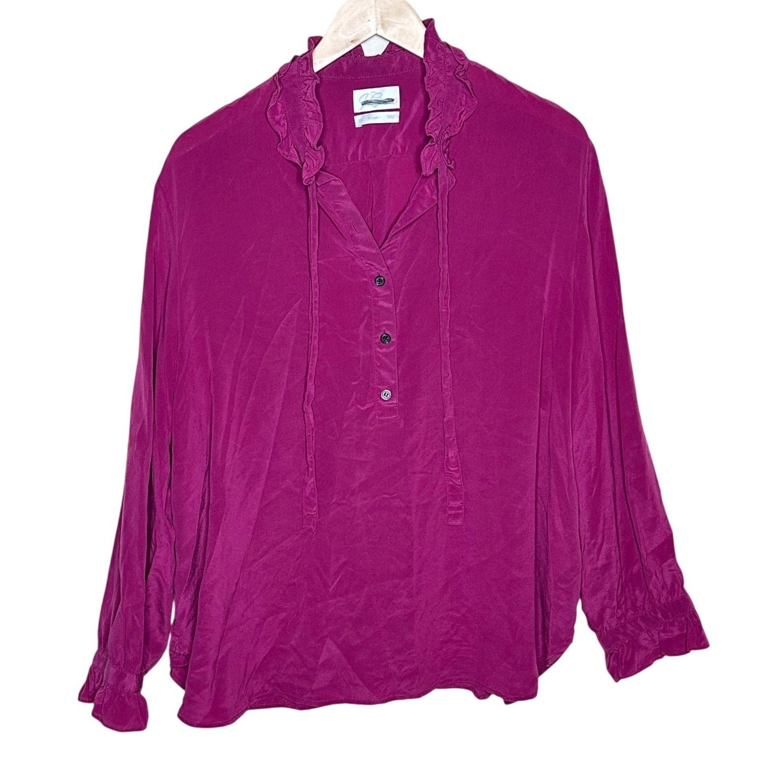 J. Crew 100% Silk Ruffle Neck Line Half Button Down Long Sleeve Blouse size 20