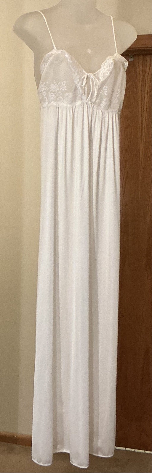 Vintage WHITE Bridal Maidenform Nightgown Long Lace Tie-Bust Sheer, Made in USA