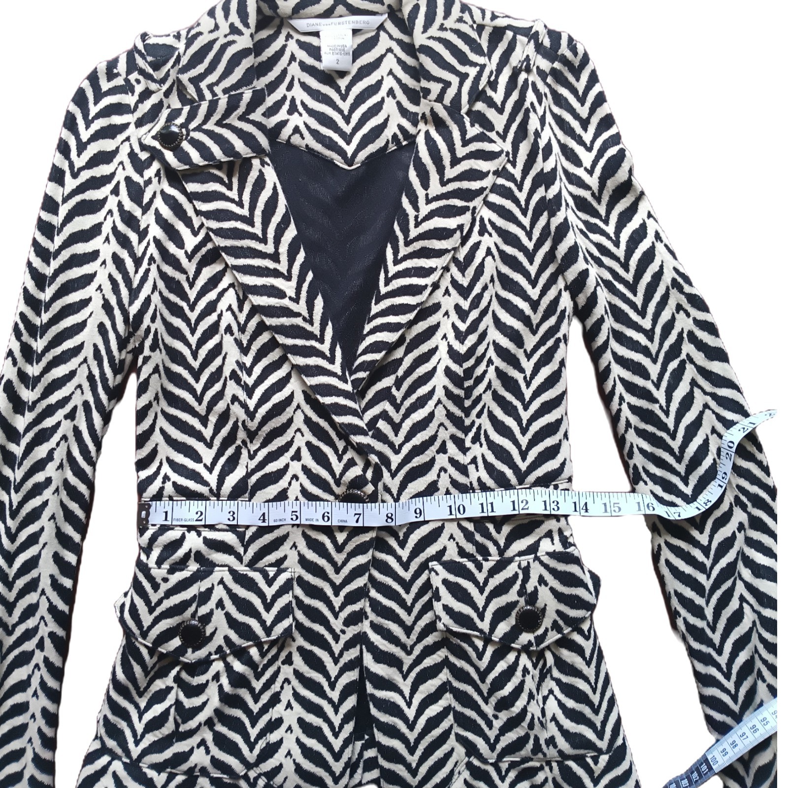 VTG DIANEvonFURSTENBERG ROCKAJILLY Black Brown Cream Zebra/Chevron Blazer W Sz 2