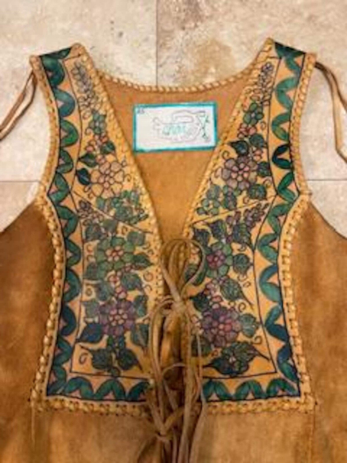 Vintage 70s Char Leather Vest Jacket Duster Hand Painted Whipstitched Hippy Boho