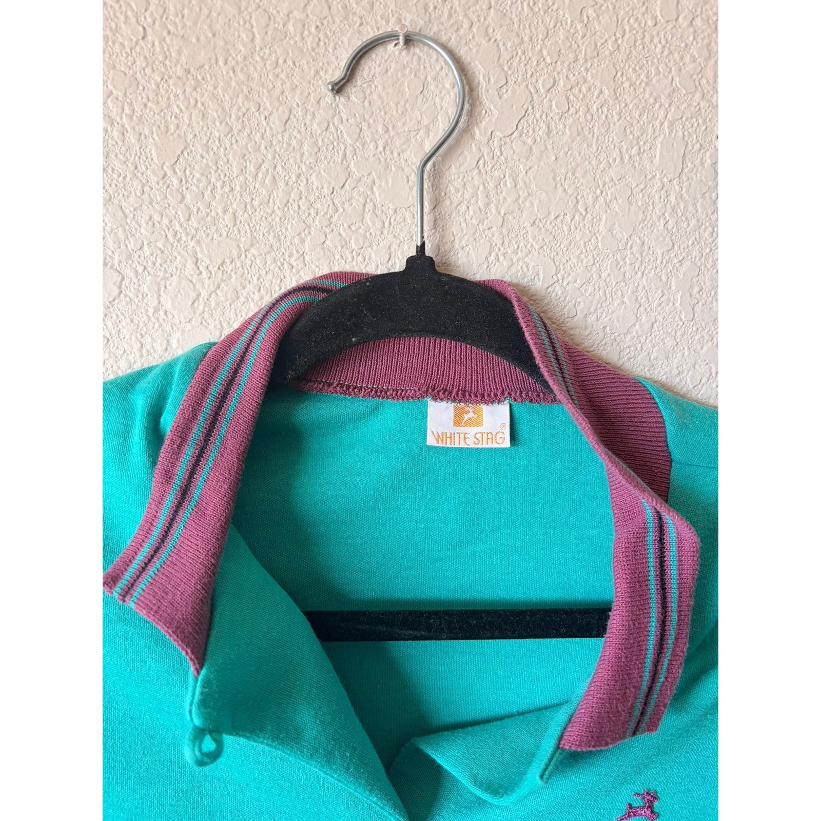 Vintage White Stag Womens Teal Green Long Sleeve Polo Shirt Burgundy Collar Logo