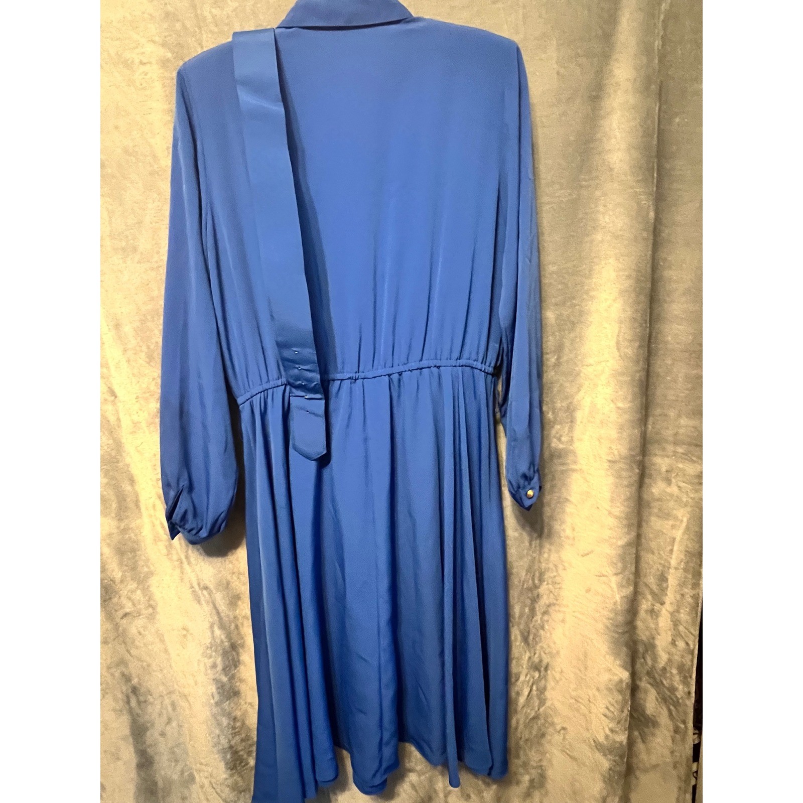 Hana Sung Blue Midi Dress Gold Buttons Belt Accent Pleated Vintage Korea Size 10