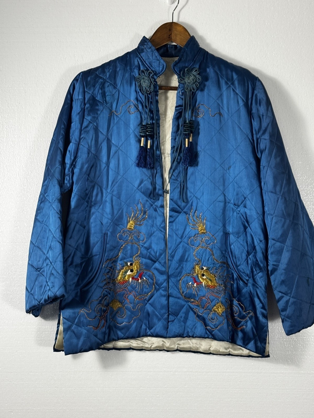 Vintage 1940s 1950s Blue Quilted Smoking Jacket Dragon Embroidery Asian Inspired
