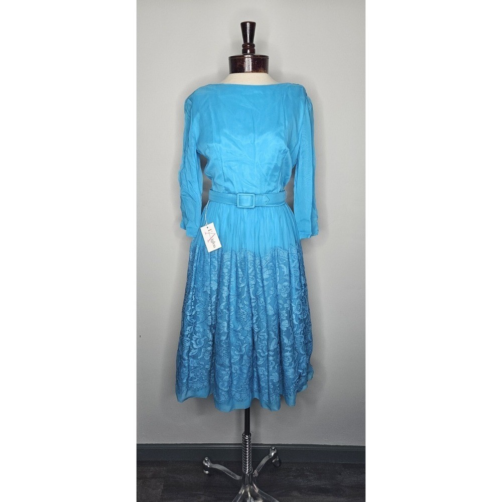Vintage NWT 1950s 1960s L’Aiglon Blue Chiffon Lace Dress Size 14