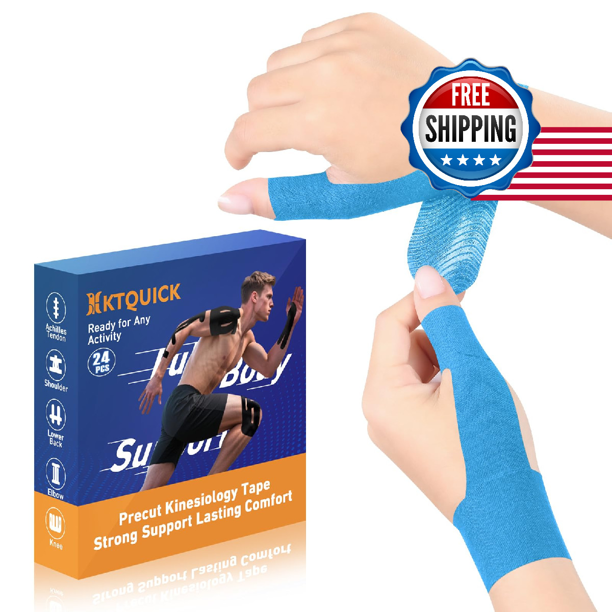 KTQUICK 24PCS Waterproof Hypoallergenic Kinesiology Tape Thumb Wrist Support Blu
