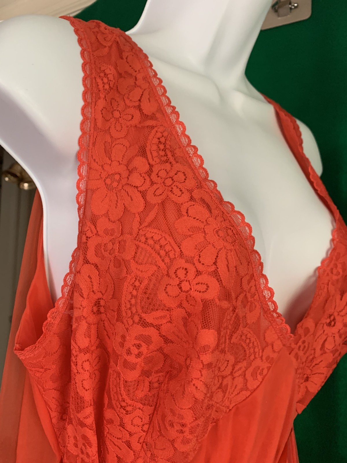 Vtg 60s Chiffon Overlay Persimmon Lace Watteau Train Nightgown Large? CUT TAG